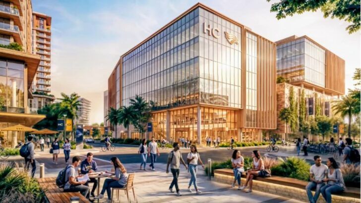 Conceptual rendering of a mixed-use redevelopment at Hillsborough College’s Dale Mabry campus with academic buildings, public space and pedestrian activity.