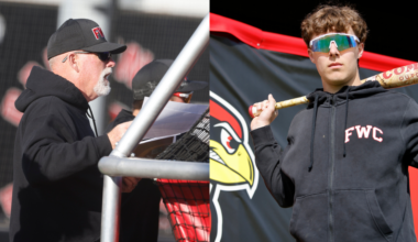 Fort Worth Christian head coach and Texas Rangers legend Rusty Greer (left) and Grady Emerson, the nation’s top high school baseball prospect (right), are photographed at baseball practice at Fort Worth Christian School in North Richland Hills, Texas, Monday, Feb. 23, 2026.