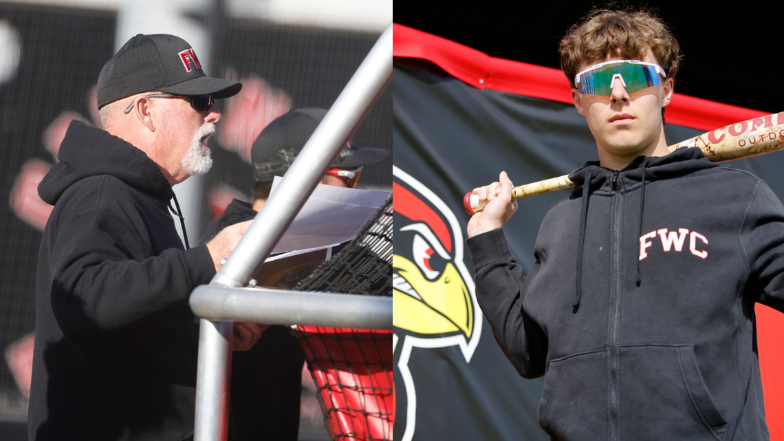 Fort Worth Christian head coach and Texas Rangers legend Rusty Greer (left) and Grady Emerson, the nation’s top high school baseball prospect (right), are photographed at baseball practice at Fort Worth Christian School in North Richland Hills, Texas, Monday, Feb. 23, 2026.