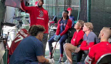 Red Sox minor league hitting coach Junior Zamora (standing) leads an education session for prospects on hitting contact points at the team's facility in Fort Myers, Fla..