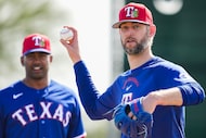 Texas Rangers pitcher Chris Martin participates in fielding practice during a spring...