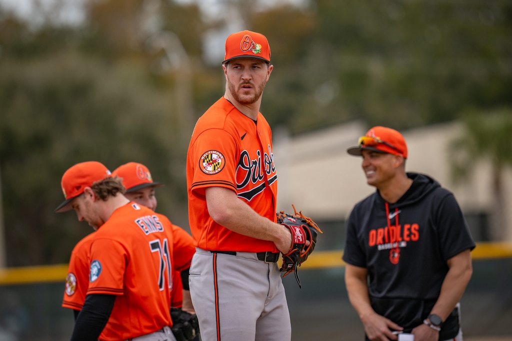 Orioles pitcher Trevor Rogers practices pick-off attempts on the first day of spring training at Ed Smith Stadium in Sarasota, Florida.