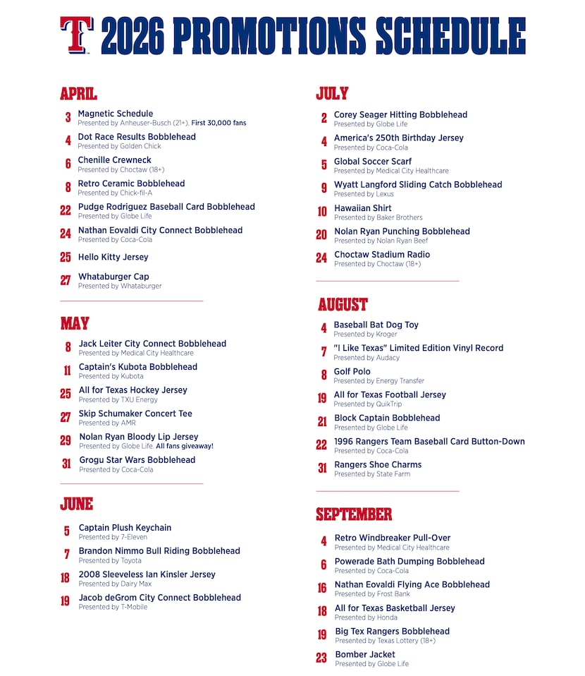 2026 Texas Rangers promotions schedule.