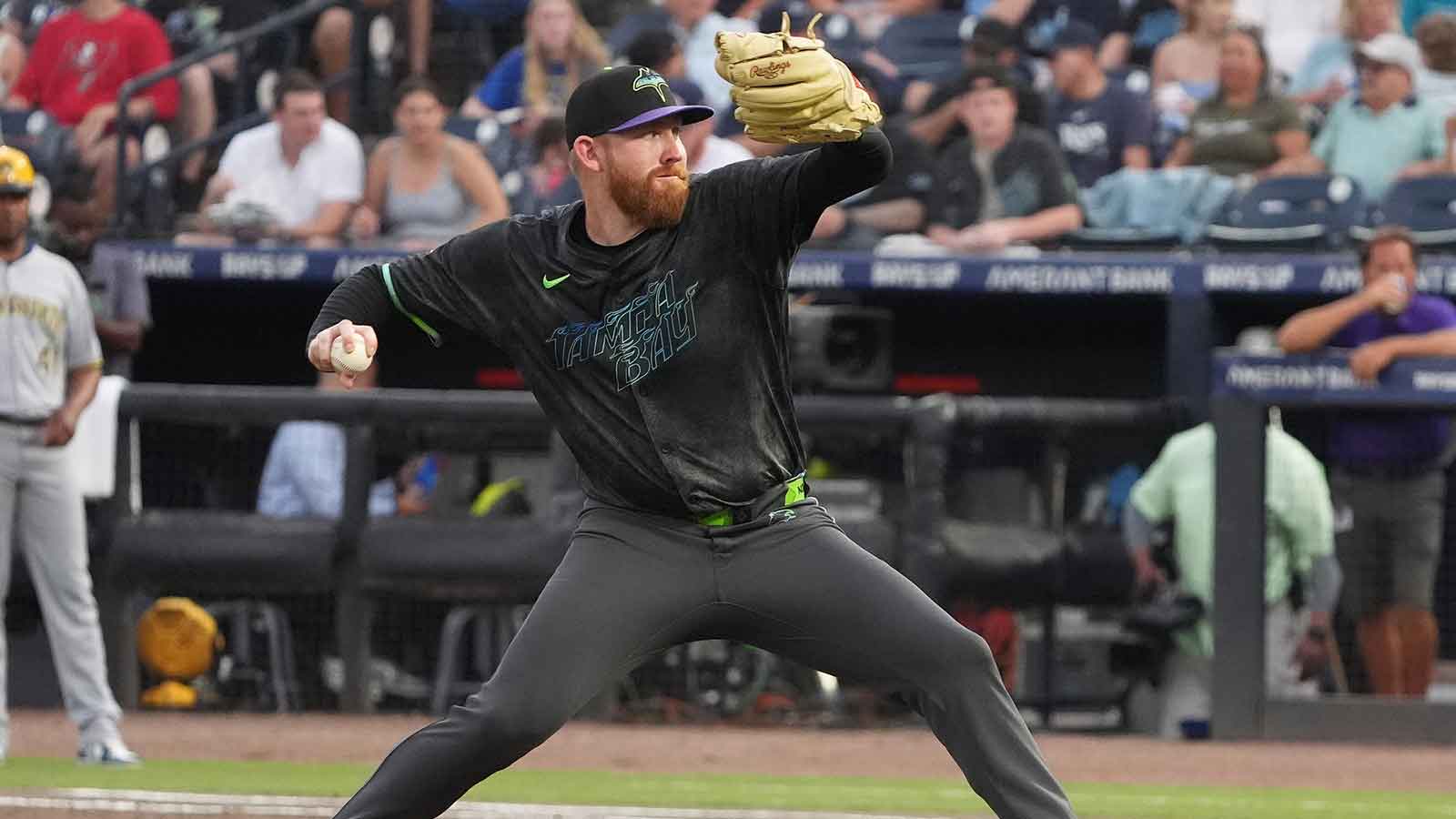 Tampa Bay Rays starting pitcher Zach Littell (52) throws a pitch against the Milwaukee Brewers during the second inning at George M. Steinbrenner Field.
