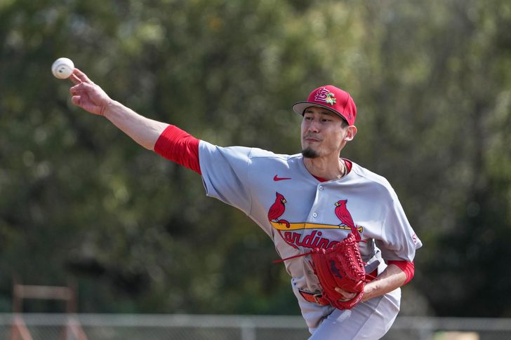 St. Louis Cardinals pitcher Riley O'Brien throws live batting practice during a spring training baseball workout, Feb. 14, in Jupiter, Fla. AP-Yonhap