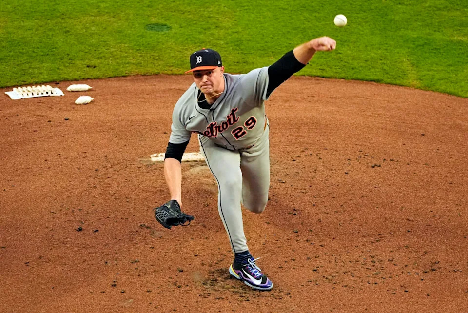 Jul 15, 2025; Cumberland, Georgia, USA; American League pitcher Tarik Skubal (29) of the Detroit Tigers pitches during the first inning during the 2025 MLB All Star Game at Truist Park. Mandatory Credit: Dale Zanine-Imagn Images