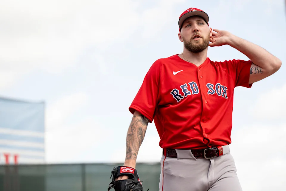 FORT MYERS, FLORIDA - FEBRUARY 18: Garrett Crochet #35 of the Boston Red Sox reacts as he throws in the bullpen during a workout at JetBlue Park at Fenway South on February 18, 2026 in Fort Myers, Florida. (Photo by Maddie Malhotra/Boston Red Sox/Getty Images)