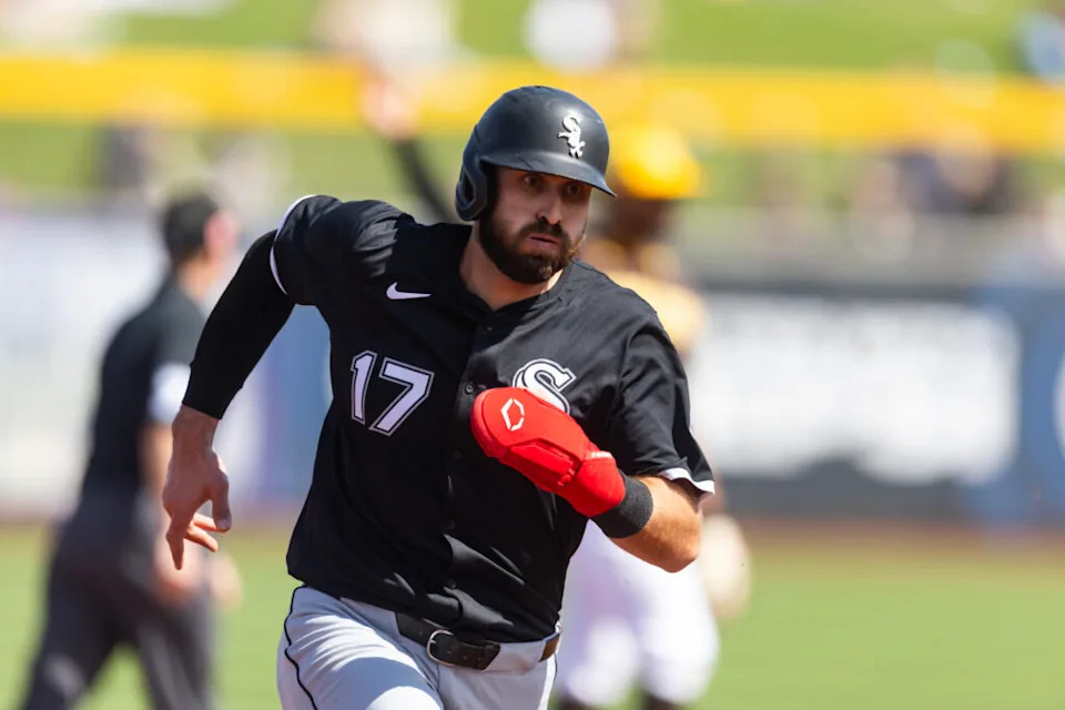 Mar 11, 2025; Peoria, Arizona, USA; Chicago White Sox infielder Joey Gallo against the San Diego Padres during a spring training game at Peoria Sports Complex. Mandatory Credit: Mark J. Rebilas-Imagn Images
