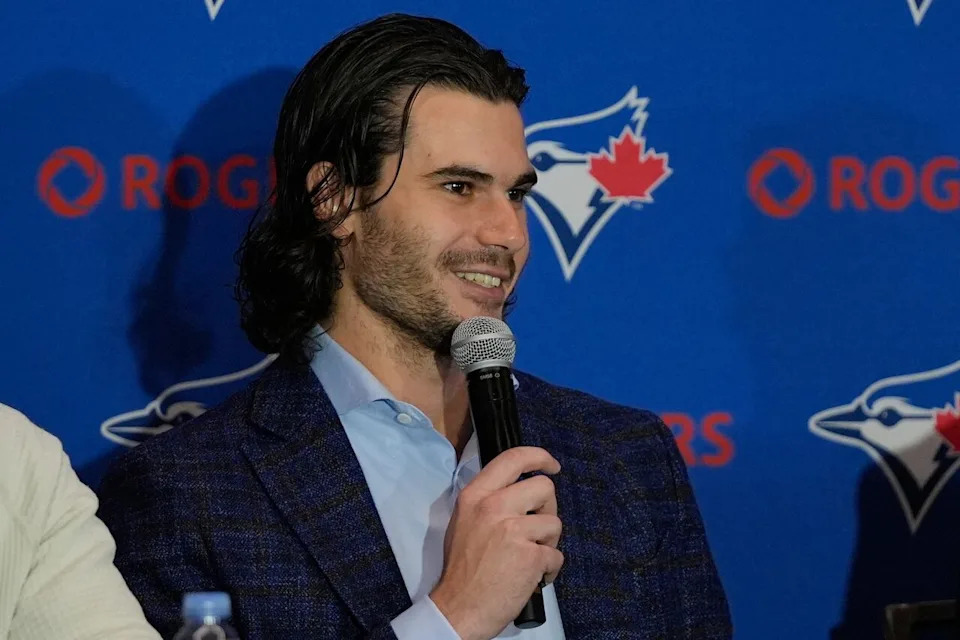 Dylan Cease pitcher for the Toronto Blue Jays makes comments during a news conference at the Major League Baseball's winter meetings, Tuesday, Dec. 9, 2025, in Orlando, Fla. (AP Photo/John Raoux)