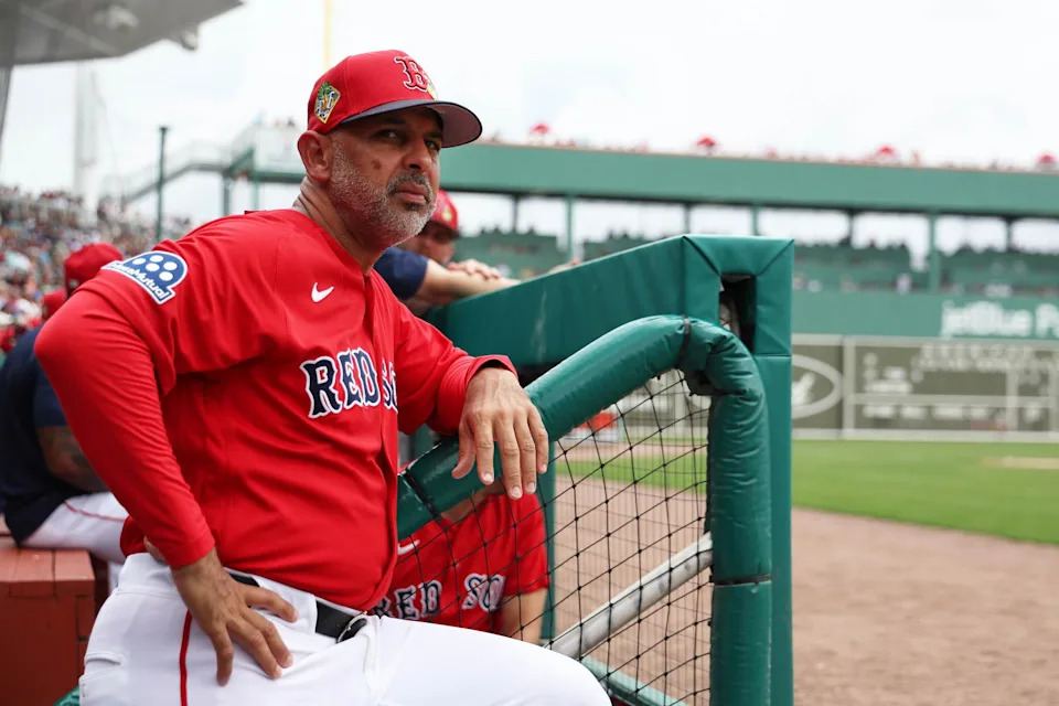 Feb 22, 2026; Fort Myers, Florida, USA; Boston Red Sox manager Alex Cora (13) looks on during the first inning against the Toronto Blue Jays at JetBlue Park at Fenway South. (Kim Klement Neitzel/Imagn Images)