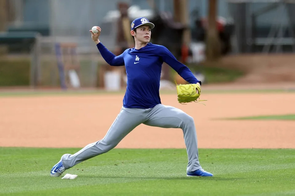 Roki Sasaki pitches during spring training. Getty Images