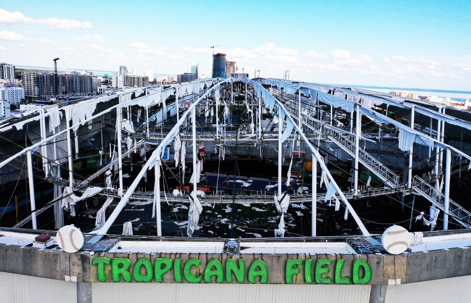 In this aerial view, the domed roof at Tropicana Field, the home of the Tampa Bay Rays, is seen ripped to shreds from Hurricane MiltonÃs powerful winds in St. Petersburg. The storm passed through the area on October 10, 2024