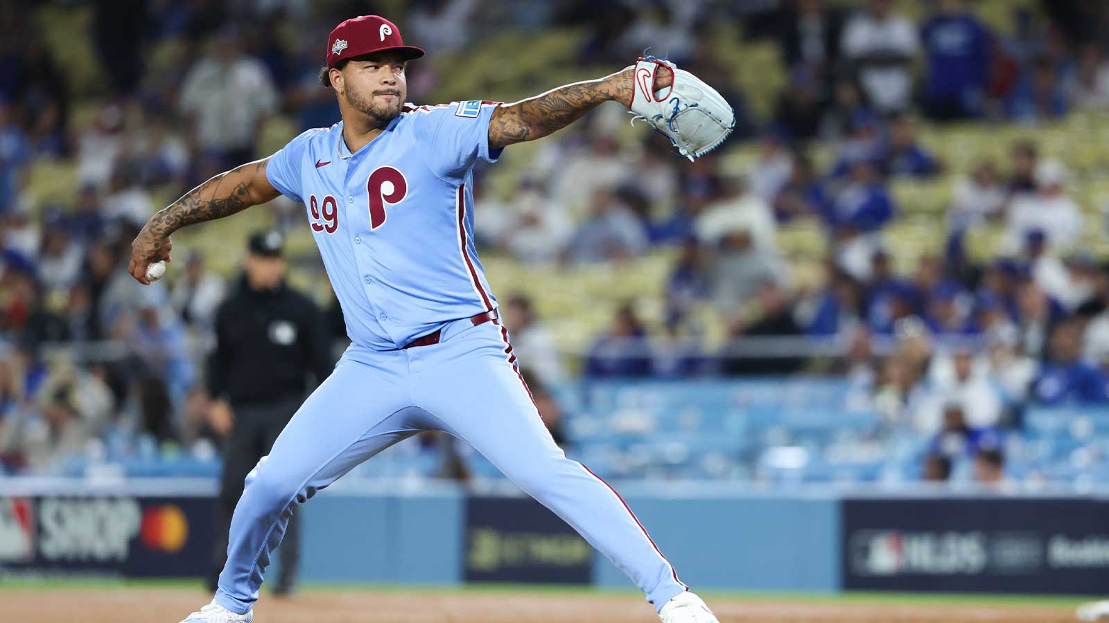 Philadelphia Phillies pitcher Taijuan Walker (99) pitches during the ninth inning against the Los Angeles Dodgers during game three of the NLDS round for the 2025 MLB playoffs at Dodger Stadium. 