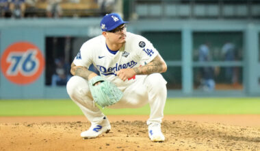 Oct 29, 2025; Los Angeles, California, USA; Los Angeles Dodgers relief pitcher Anthony Banda (43) reacts during game five of the 2025 MLB World Series against the Toronto Blue Jays at Dodger Stadium. Mandatory Credit: Kirby Lee-Imagn Images