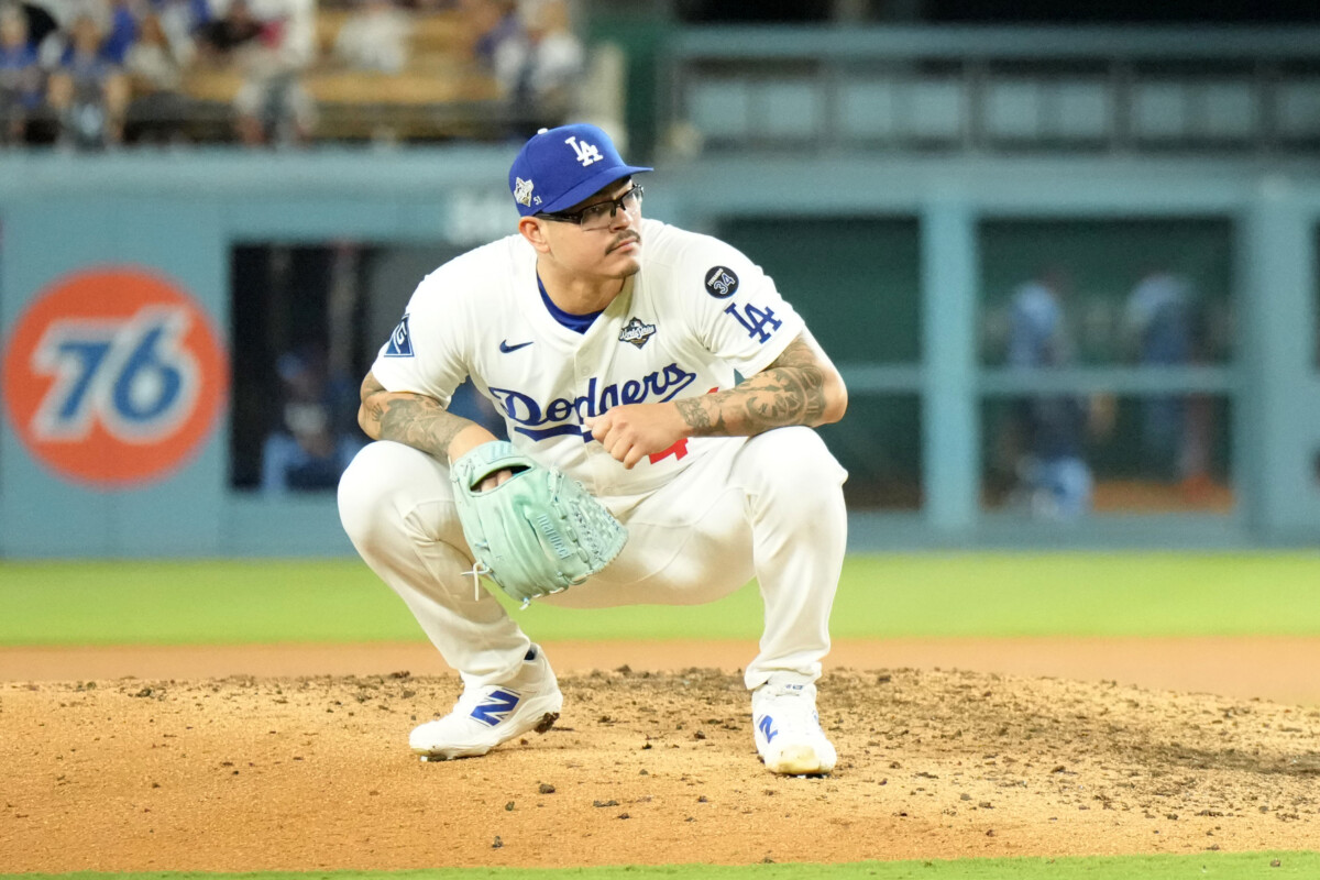 Oct 29, 2025; Los Angeles, California, USA; Los Angeles Dodgers relief pitcher Anthony Banda (43) reacts during game five of the 2025 MLB World Series against the Toronto Blue Jays at Dodger Stadium. Mandatory Credit: Kirby Lee-Imagn Images
