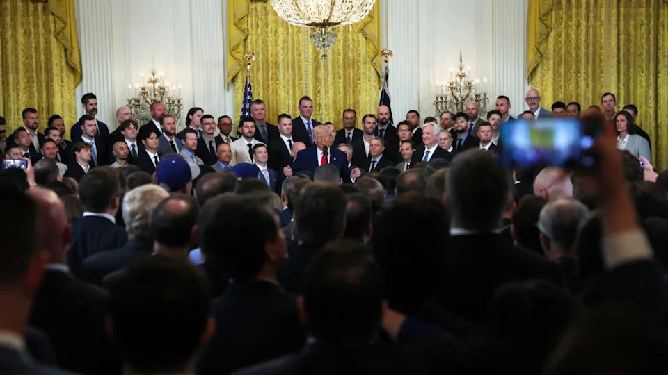 The Los Angeles Dodgers celebrating the 2025 World Series at the White House.