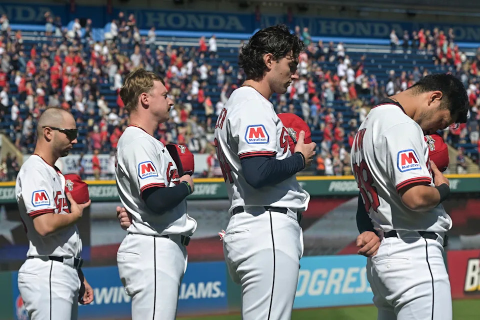Cleveland Guardians first baseman C.J. Kayfus (63), first baseman Kyle Manzardo (9), center fielder Chase DeLauter (34), and left fielder Steven Kwan (38)© Ken Blaze-Imagn Images