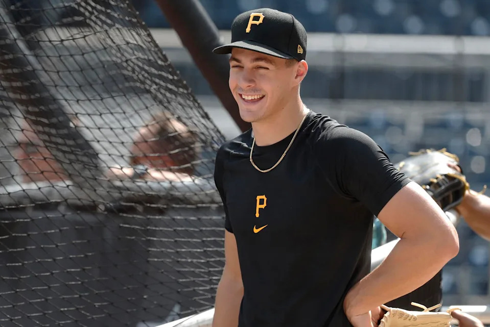Aug 2, 2024; Pittsburgh, Pennsylvania, USA; Pittsburgh Pirates shortstop Konnor Griffin who was the ninth overall pick in first round of the 2024 First-Year Player Draft looks on at the batting cage before a game against the Arizona Diamondbacks at PNC Park. Mandatory Credit: Charles LeClaire-Imagn Images