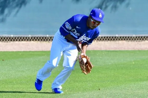 Los Angeles Dodgers outfielder Terrance Gore fields a ball during a workout at Camelback Ranch on Feb 18, 2020.