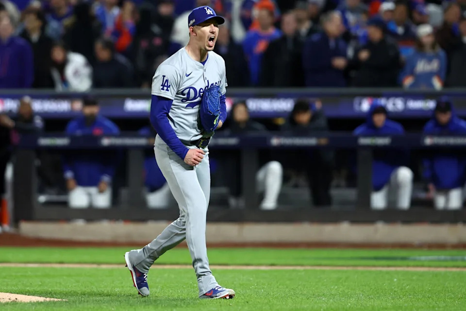 Los Angeles Dodgers pitcher Walker Buehler (21) reacts after an out against the New York Mets in the second inning during game three of the NLCS for the 2024 MLB playoffs at Citi Field.