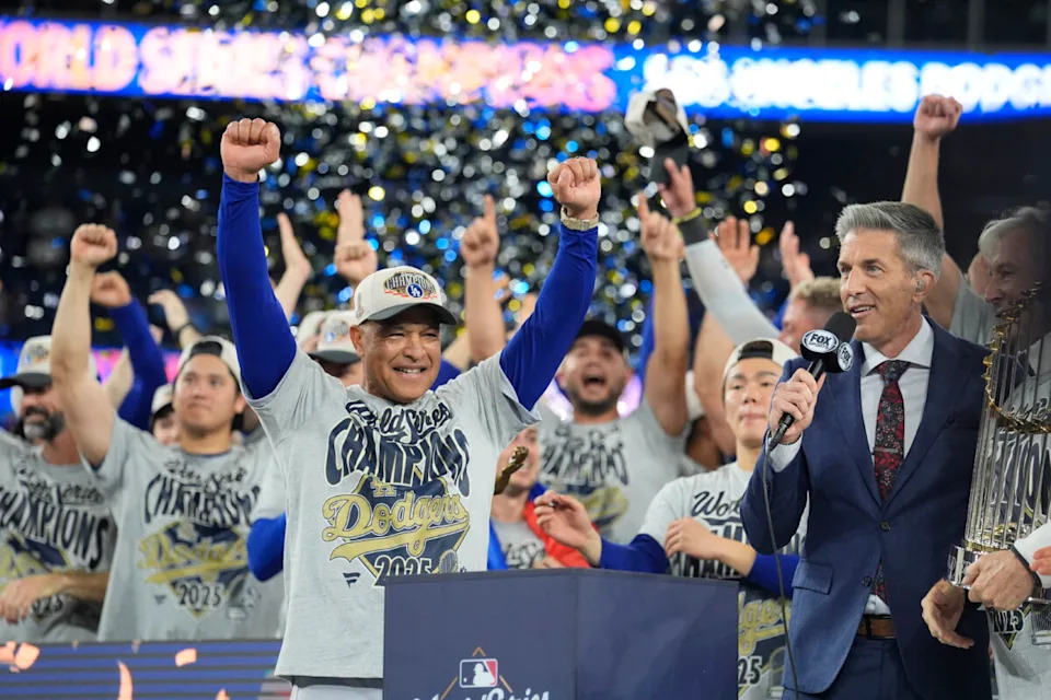Los Angeles Dodgers manager Dave Roberts celebrating the dodgers' World Series win in 2025.