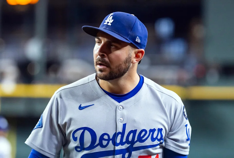 Sep 23, 2025; Phoenix, Arizona, USA; Los Angeles Dodgers pitcher Alex Vesia against the Arizona Diamondbacks at Chase Field. Mandatory Credit: Mark J. Rebilas-Imagn Images