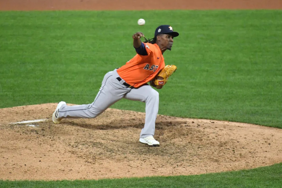 Nov 2, 2022; Philadelphia, Pennsylvania, USA; Houston Astros relief pitcher Rafael Montero (47) pitches against the Philadelphia Phillies during the eighth inning in game four of the 2022 World Series at Citizens Bank Park. Mandatory Credit: Eric Hartline-USA TODAY Sports