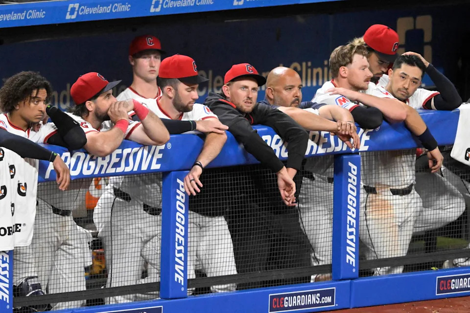 Jul 28, 2025; Cleveland, Ohio, USA; Players in the Cleveland Guardians dugout react in the ninth inning of a loss to the Colorado Rockies at Progressive Field. Mandatory Credit: David Richard-Imagn Images