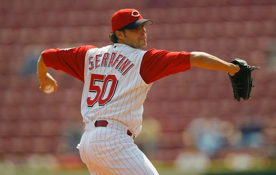 CINCINNATI, OH - SEPTEMBER 11: Dan Serafini #50 of the Cincinnati Reds throws a pitch against the Pittsburgh Pirates at Great American Ball Park on September 11, 2003 in Cincinnati, Ohio. (Photo by Andy Lyons/Getty Images)