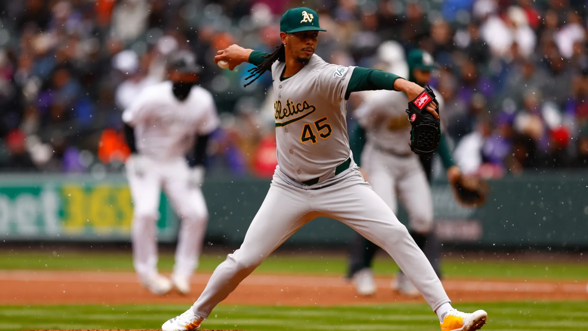 Osvaldo Bido #45 of the Athletics delivers to home plate. Justin Edmonds/Getty Images