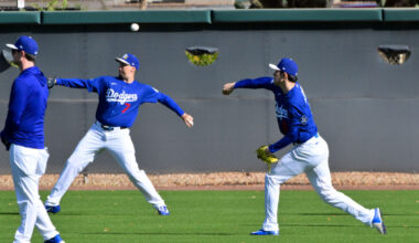 Feb 17, 2026; Glendale, AZ, USA; Los Angeles Dodgers pitcher Roki Sasaki (11) and pitcher Blake Snell (7) warm up during a Spring Training workout at Camelback Ranch. Mandatory Credit: Matt Kartozian-Imagn Images