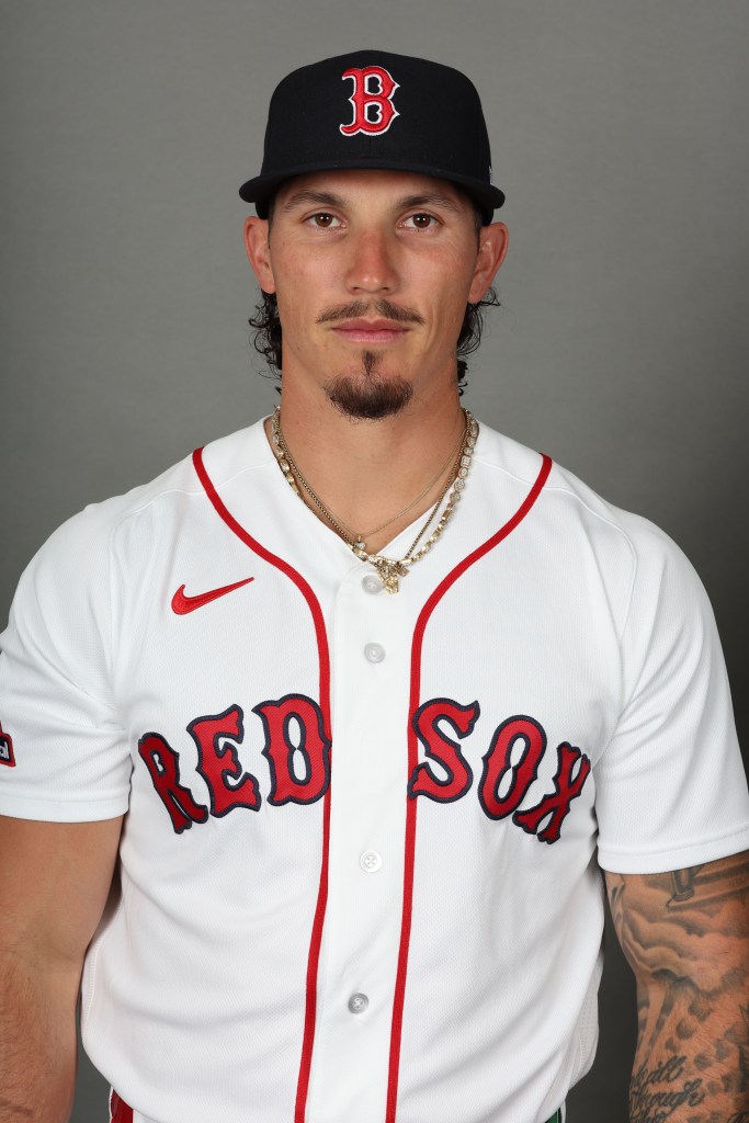 Jarren Duran poses for a photo at Boston Red Sox media day.
