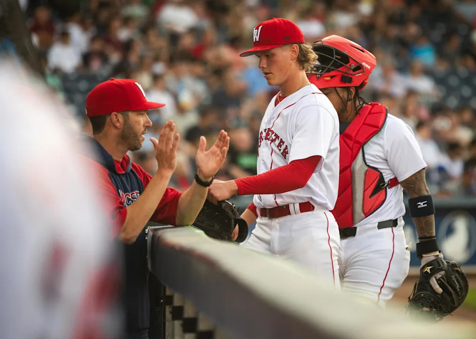 Pitcher Connelly Early walks off the field during Triple-A Worcester's game at Polar Park on Aug. 8, 2025. (WooSox Photo/Ashley Green/USA TODAY NETWORK/Imagn Images)