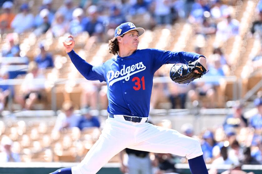 GLENDALE, ARIZONA - FEBRUARY 26: Tyler Glasnow #31 of the Los Angeles Dodgers delivers a first inning pitch against the Chicago White Sox during a spring training game at Camelback Ranch on February 26, 2026 in Glendale, Arizona. (Photo by Norm Hall/Getty Images)