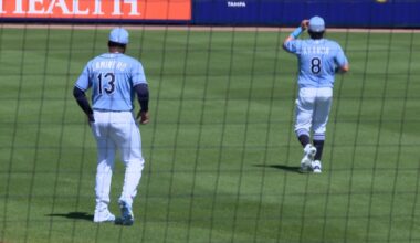 Junior Caminero and Jonathan Aranda take the field during the Rays Spring Training opener against the Braves. (Spectrum Sports 360/Michael Epps)