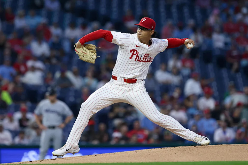 Sep 24, 2025; Philadelphia, Pennsylvania, USA; Philadelphia Phillies pitcher Jesus Luzardo (44) throws a pitch during the first inning against the Miami Marlins at Citizens Bank Park. Mandatory Credit: Bill Streicher-Imagn Images