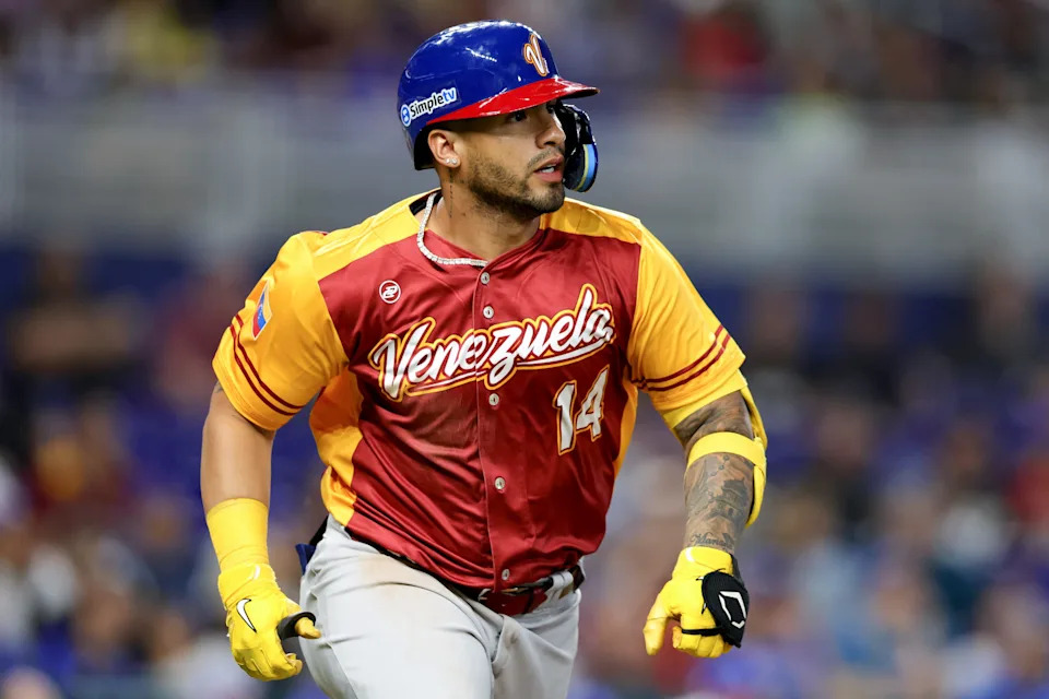 Gleyber Torres of Team Venezuela runs to first base against Team Israel during the ninth inning in a World Baseball Classic Pool D game at loanDepot park on March 15, 2023 in Miami.
