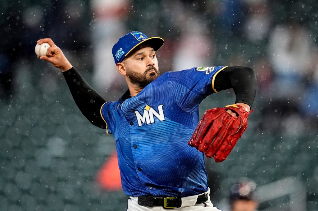 Minnesota Twins' Pablo López works from the mound against the Cleveland Guardians in the first inning of a baseball game, Sept. 19, 2025, in Minneapolis.