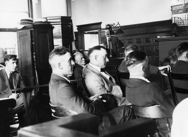 White Sox players Eddie Cicotte, from left, Joe Jackson and Claude Williams appear in court during the Black Sox trial in 1921. (Chicago Tribune archive)
