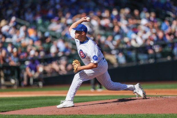 Chicago Cubs pitcher Jameson Taillon (50) pitches in the first inning against the Chicago White Sox during the Cubs and White Sox first spring training game of the year at Sloan Park Friday Feb. 20, 2026 in Mesa, Ariz. (Armando L. Sanchez/Chicago Tribune)