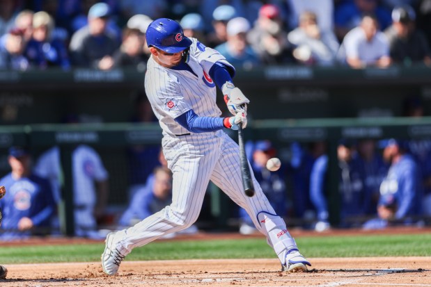 Chicago Cubs right fielder Seiya Suzuki (27) hits a solo-homer in the first inning against the Chicago White Sox during the Cubs and White Sox first spring training game of the year at Sloan Park Friday Feb. 20, 2026 in Mesa, Ariz. (Armando L. Sanchez/Chicago Tribune)