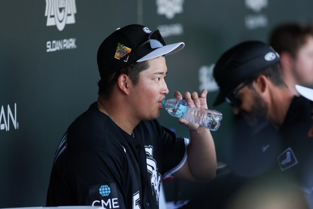 Chicago White Sox first baseman Munetaka Murakami (5) sits in the dugout in the second inning during the Cubs and White Sox first spring training game of the year at Sloan Park Friday Feb. 20, 2026 in Mesa, Ariz. (Armando L. Sanchez/Chicago Tribune)