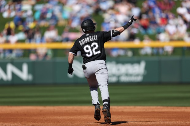 Chicago White Sox second baseman Sam Antonacci (92) runs the bases after hitting a two-run homer in the second inning against the Chicago Cubs during the Cubs and White Sox first spring training game of the year at Sloan Park Friday Feb. 20, 2026 in Mesa, Ariz. (Armando L. Sanchez/Chicago Tribune)