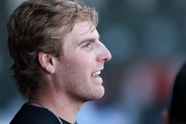 Chicago White Sox pitcher Jonathan Cannon (48) stands in the dugout in the second inning against the Chicago Cubs during the Cubs and White Sox first spring training game of the year at Sloan Park Friday Feb. 20, 2026 in Mesa, Ariz. (Armando L. Sanchez/Chicago Tribune)