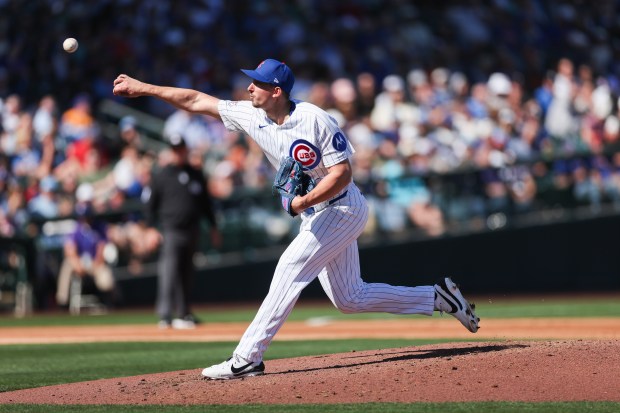 Chicago Cubs pitcher Connor Schultz (79) pitches in the second inning against the Chicago White Sox during the Cubs and White Sox first spring training game of the year at Sloan Park Friday Feb. 20, 2026 in Mesa, Ariz. (Armando L. Sanchez/Chicago Tribune)