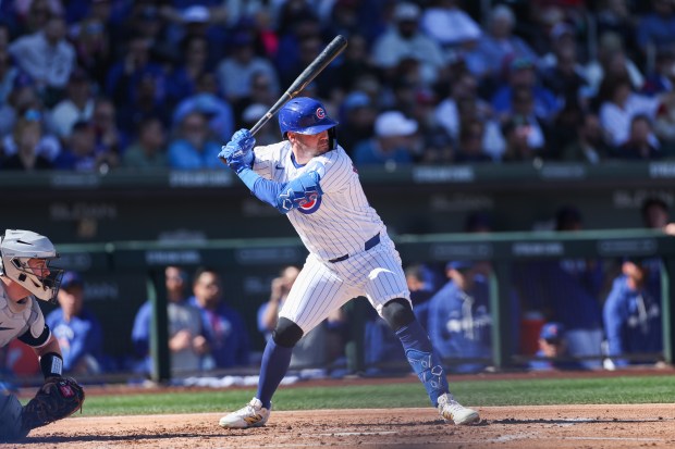 Chicago Cubs left fielder Chas McCormick (55) stands at the plate in the second inning against the Chicago White Sox during the Cubs and White Sox first spring training game of the year at Sloan Park Friday Feb. 20, 2026 in Mesa, Ariz. (Armando L. Sanchez/Chicago Tribune)