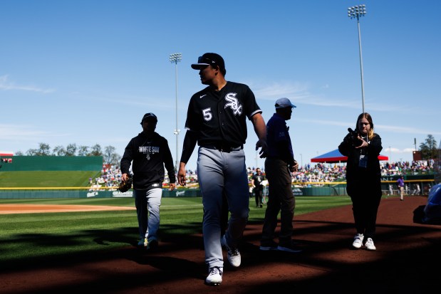 Chicago White Sox first baseman Munetaka Murakami (5) walks on the field before playing the Chicago Cubs in the first spring training game of the year at Sloan Park Friday Feb. 20, 2026 in Mesa, Ariz. (Armando L. Sanchez/Chicago Tribune)