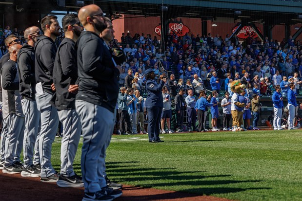 Lisa Cimino sings the national anthem before the Chicago Cubs play the Chicago White Sox during the Cubs and White Sox first spring training game of the year at Sloan Park Friday Feb. 20, 2026 in Mesa, Ariz. (Armando L. Sanchez/Chicago Tribune)