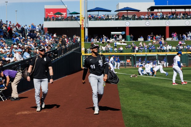 Chicago White Sox outfielder Braden Montgomery (91) smiles on the field before playing against the Chicago Cubs during the Cubs and White Sox first spring training game of the year at Sloan Park Friday Feb. 20, 2026 in Mesa, Ariz. (Armando L. Sanchez/Chicago Tribune)