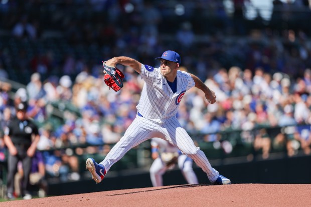 Chicago Cubs pitcher Matthew Boyd (16) pitches during the first inning against the Texas Rangers of a Cactus League game at Sloan Park Saturday Feb. 21, 2026 in Mesa, Ariz. (Armando L. Sanchez/Chicago Tribune)